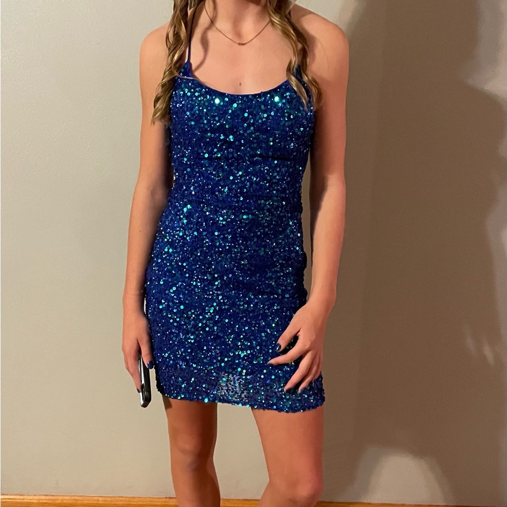Blue sequin short homecoming dress